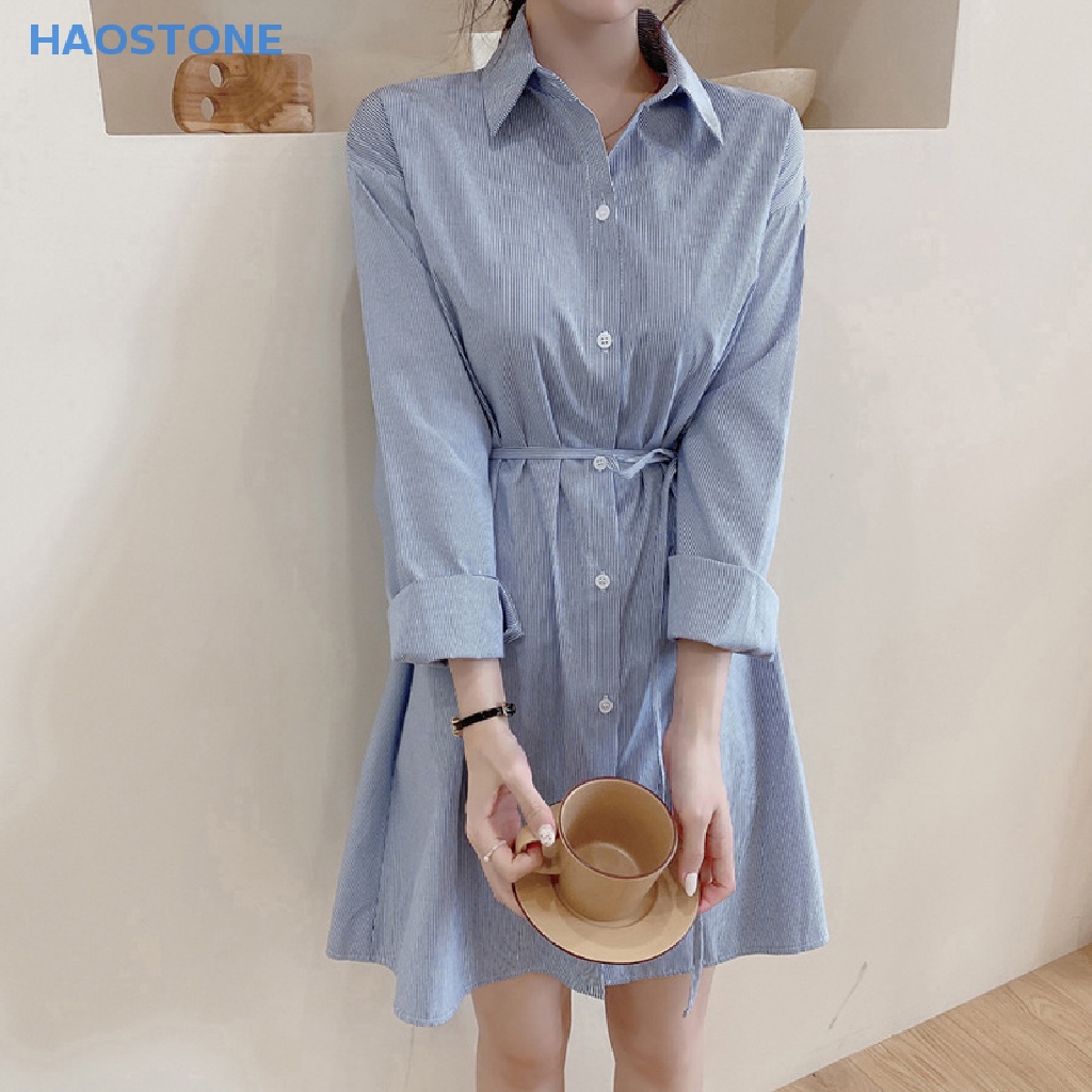 Đầm Midi Dáng Rộng Cổ Bẻ Cột Dây Vải Lanh Cotton Kẻ Sọc Thời Trang Xuân Hè Hàn Quốc Thanh Lịch Dành Cho Bạn Nữ MCL 2023