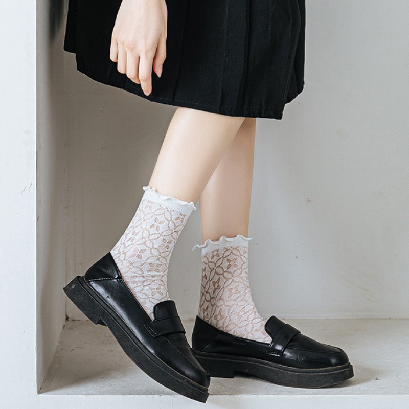Vớ cotton mỏng FHYL màu trơn phối ren thời trang mùa hè phong cách Nhật Hàn cho nữ