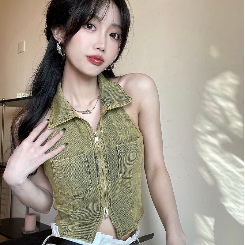 Áo Kiểu Cao Bồi Không Tay Hở Lưng Có Khóa Kéo Phong Cách Âu Mỹ Thời Trang Mùa Hè Cho Nữ