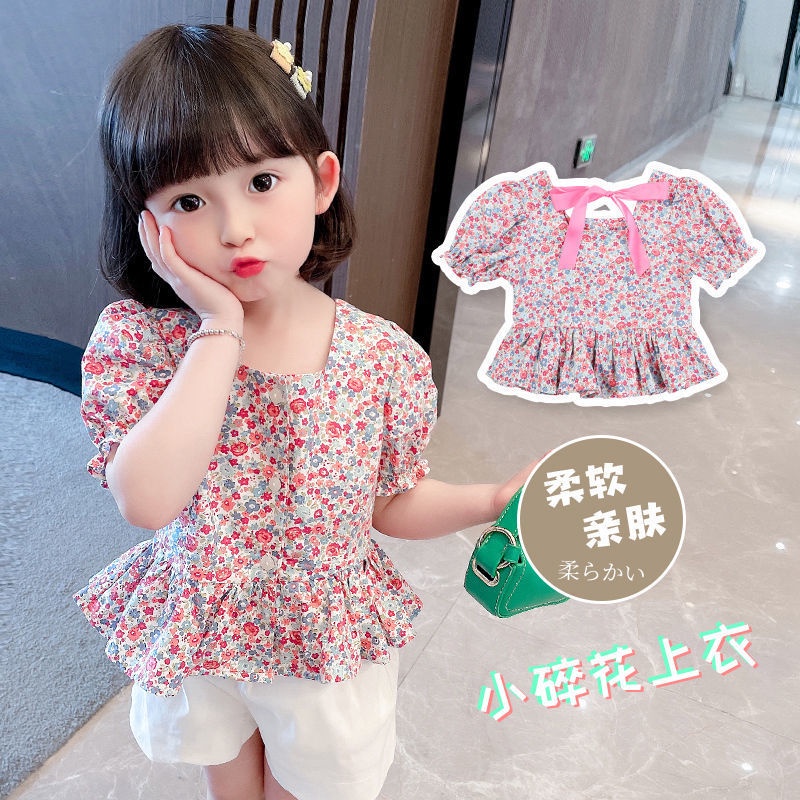 Áo Sơ Mi Tay Ngắn Phồng In Họa Tiết Hoa Phong Cách Hàn Quốc Thời Trang Mùa Hè Xinh Xắn Cho Bé Gái