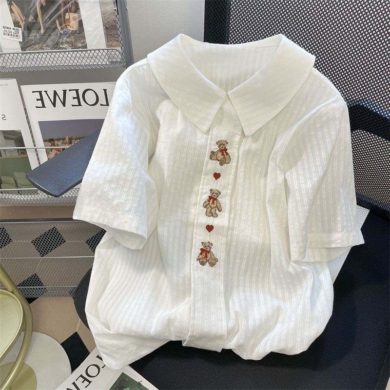 Phong Cách Nhật Bản Preppy Phong Cách Búp Bê Cổ Gấu Áo Sơ Mi Tình Yêu Nữ Mùa Hè Rời Thiết Kế Retro Nửa Tay Top