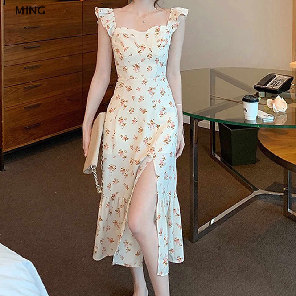 Đầm Midi Không Tay Viền Bèo Lá Sen Họa Tiết Hoa Phong Cách Vintage Nữ Tính Ngọt Ngào