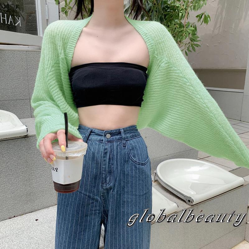 Áo Khoác Cardigan Dệt Kim Tay Dài Chống Nắng Màu Trơn Hở Phía Trước Bolero Shrug Cho Nữ