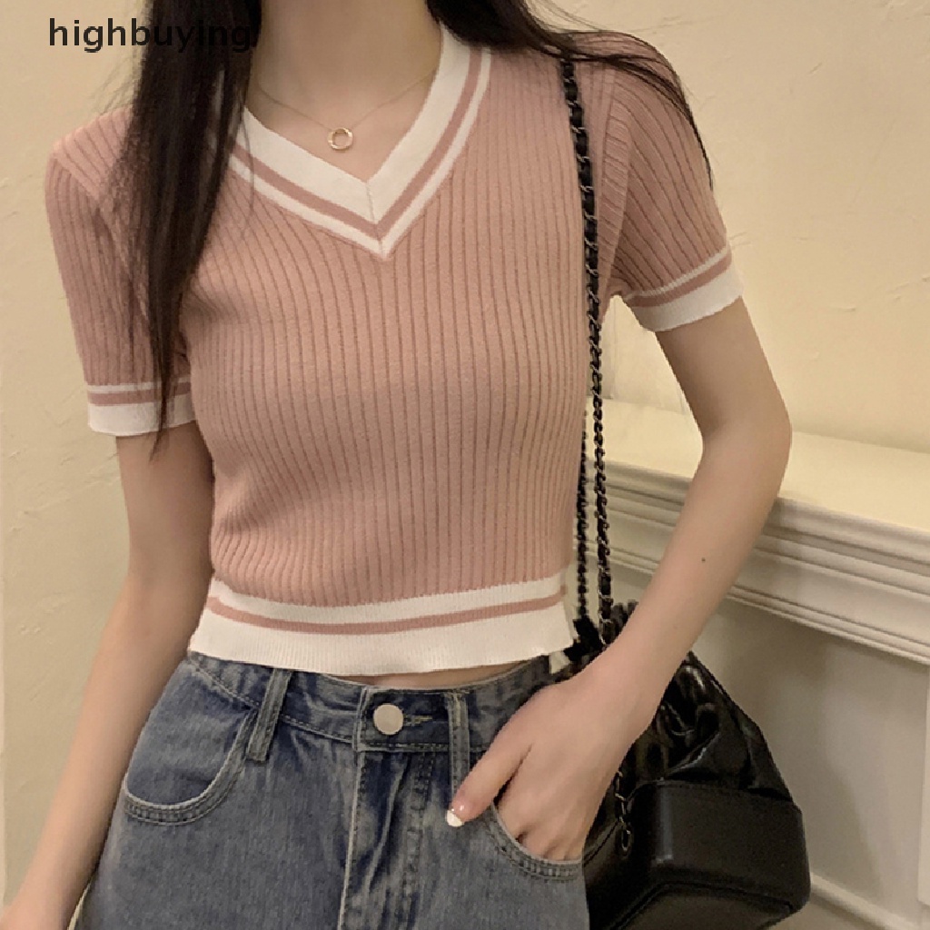 Áo Croptop Dệt Kim Tay Ngắn Cổ Chữ V Thời Trang Cho Nữ