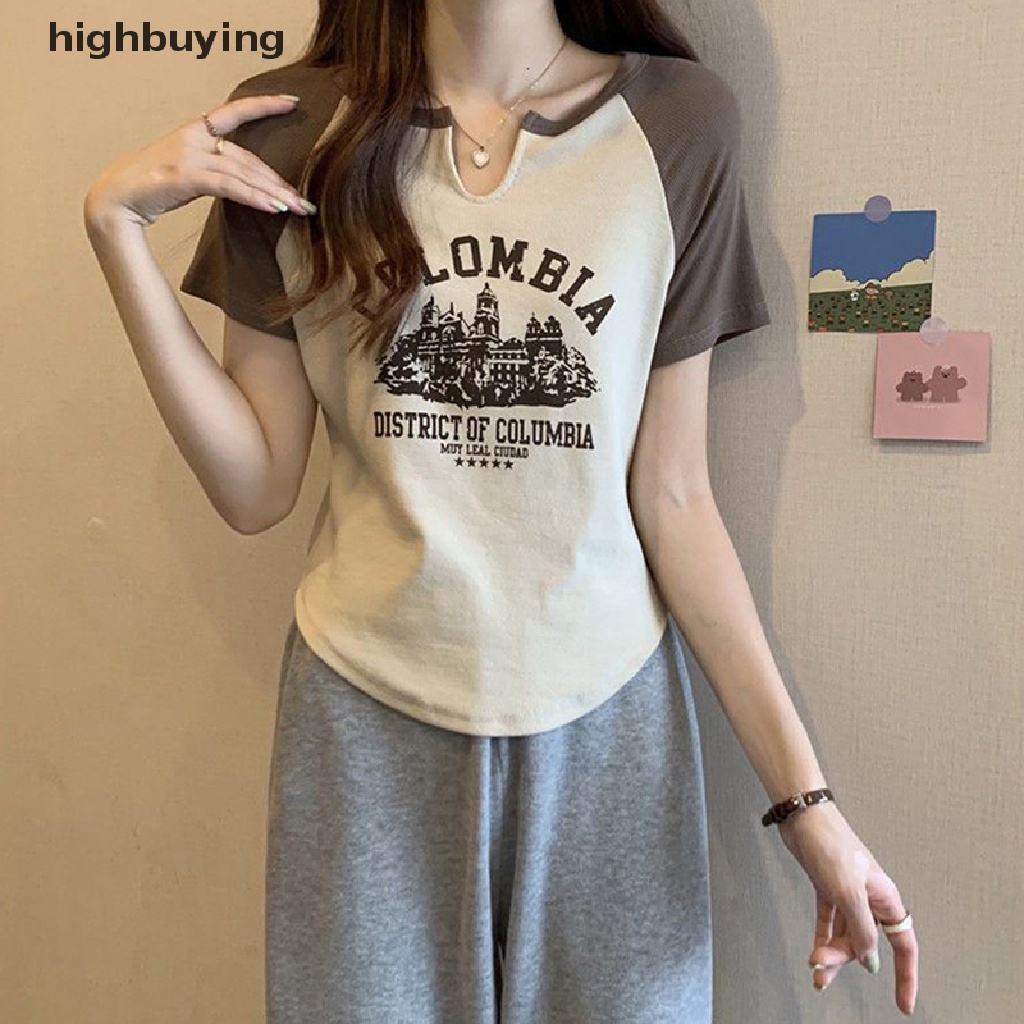 Áo Thun Lửng Ngắn Tay Cổ Chữ V In Họa Tiết Retro Cho Nữ