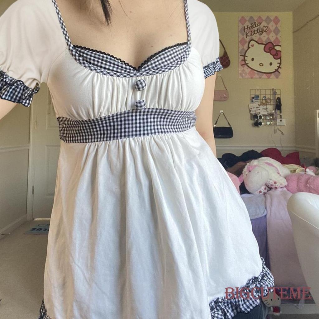 Áo Sơ Mi Tay Ngắn Phối Bèo Họa Tiết Sọc Caro Phong Cách Đường Phố Thời Trang Xuân Hè Cho Nữ