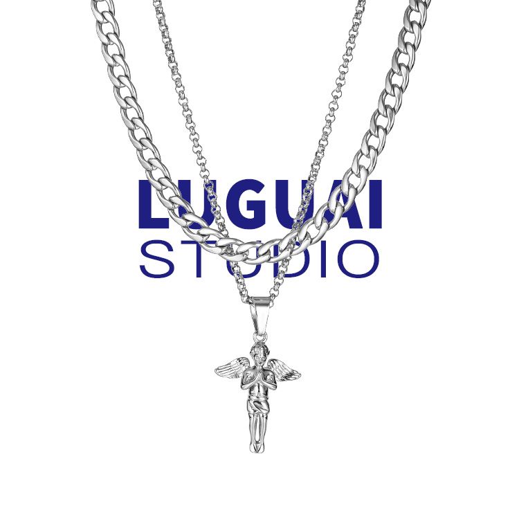 Vòng cổ Hai Lớp Bằng Thép Titan Mặt Thiên Thần Nhỏ Cá Tính Không Phai Màu Phong Cách Mỹ Cho Nam