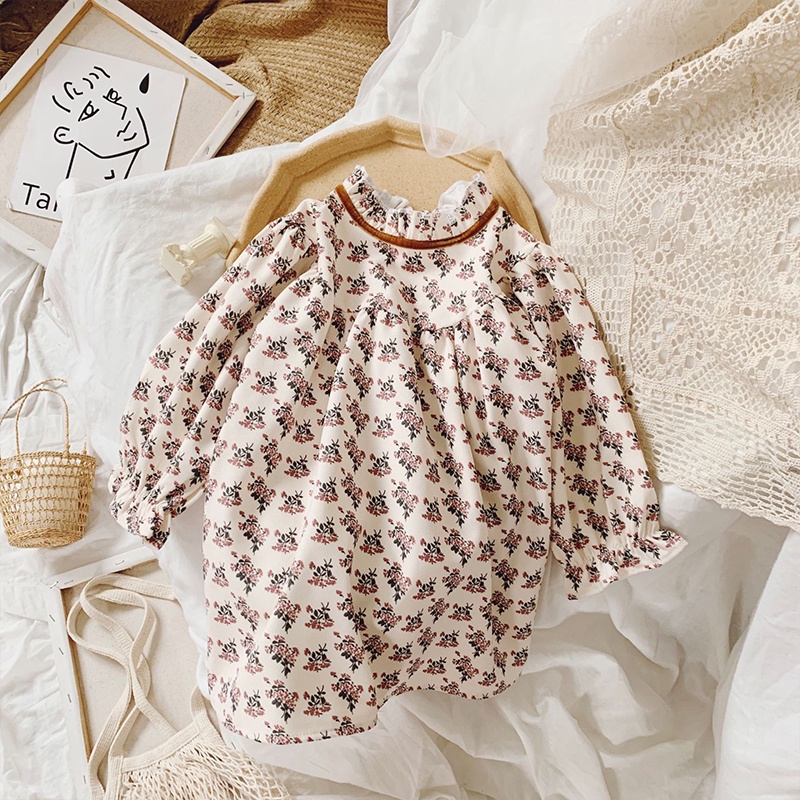 Đầm Tay Dài Cổ Ren Họa Tiết Hoa Phong Cách Hàn Quốc Cho Bé Gái Aku