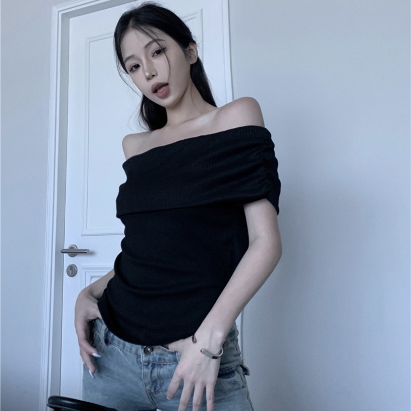 IELGY Áo sweater Dệt Kim Trễ Vai Tay Ngắn Màu Trắng Phong Cách Cổ Điển Thời Trang Cho Nữ