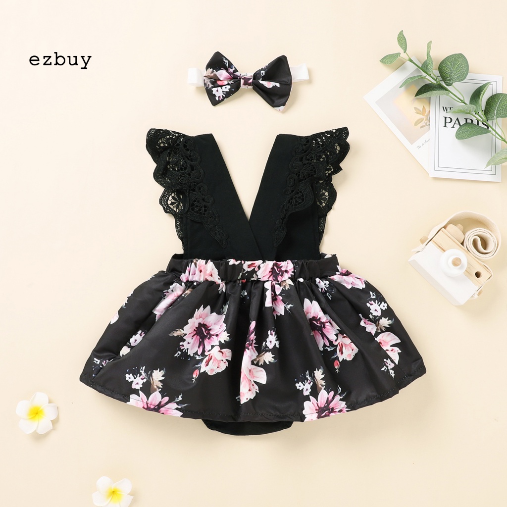 Bộ Đầm Liền Thân Bằng Cotton Họa Tiết Hoa Kèm Băng Đô Thanh Lịch Dành Cho Bé Gái