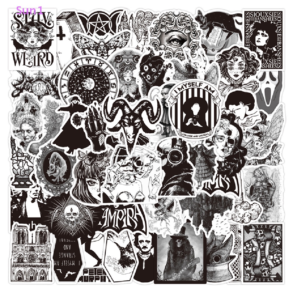 Sun1 &gt; Gói 50 Nhãn Dán Graffiti Kinh Dị Màu Trắng Đen Trang Trí Xe Hơi / Xe Máy / Ván Trượt Vsco