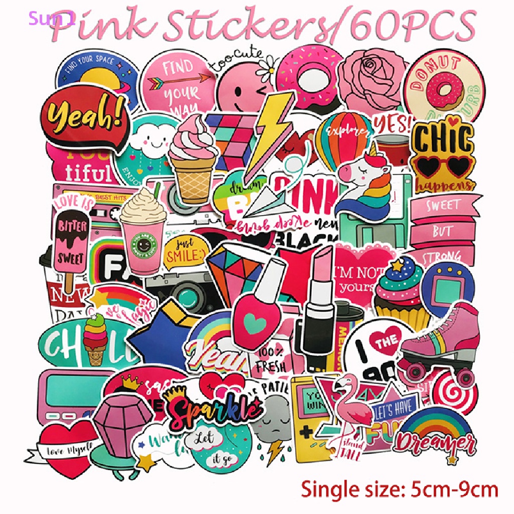 Set 60 Miếng Dán PVC Chống Nước Màu Hồng Vui Nhộn Cho Bé Gái Sun1 >
