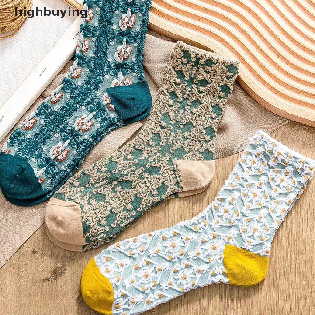 Vớ Cotton Dệt Kim Họa Tiết Dập Nổi 3D Thời Trang Thu Đông Cho Nữ
