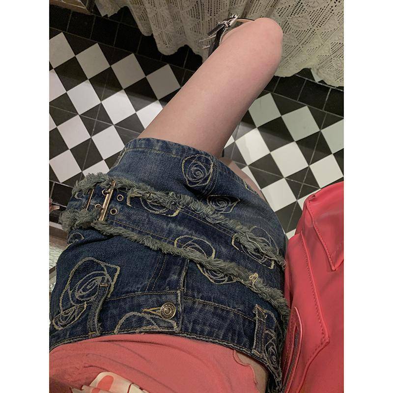 Chân váy jean Lưng Cao Ôm Dáng In Họa Tiết Hoa Hồng Phong Cách Cổ Điển Thời Trang Cho Nữ