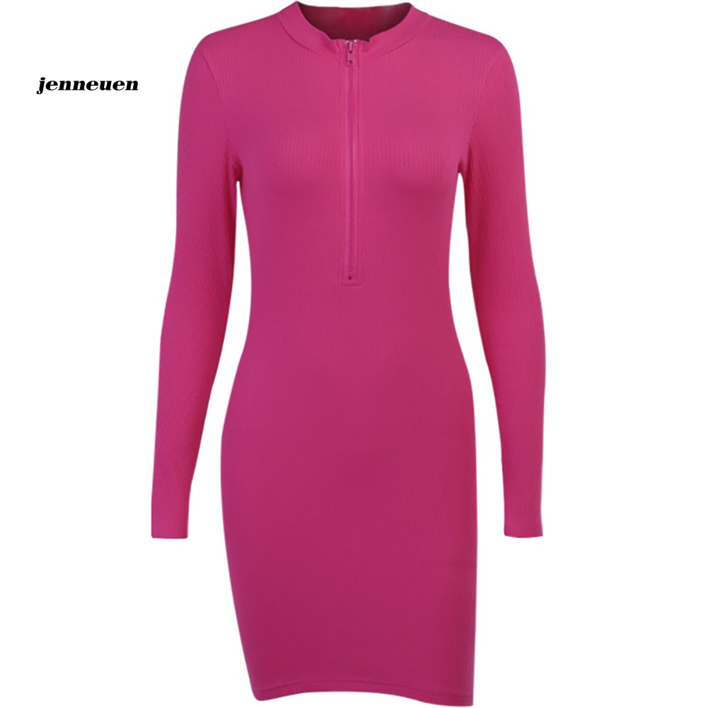 Đầm Ngắn Ôm Dáng Tay Dài Màu Trơn Có Khóa Kéo Phía Trước Gợi Cảm Cho Nữ