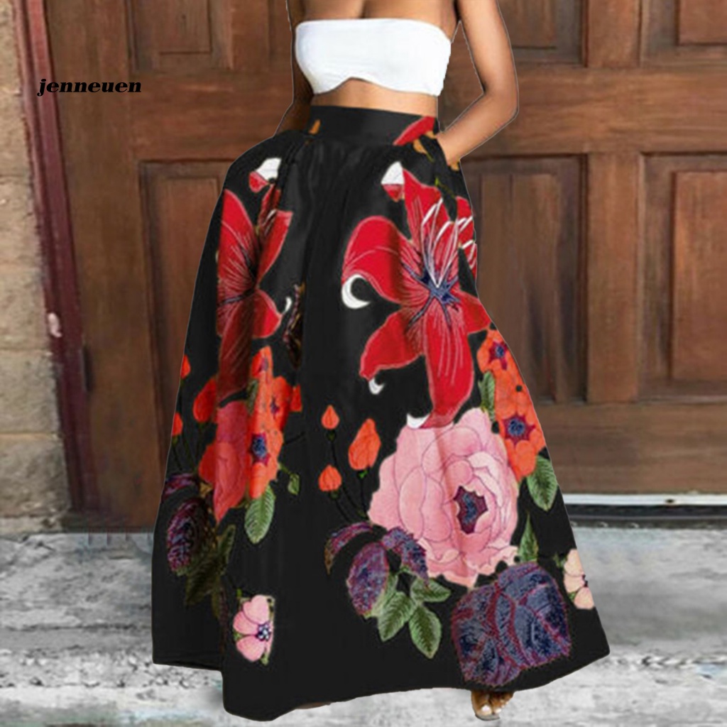 Chân Váy Eo Cao Co Giãn In Họa Tiết Hoa Phong Cách Bohemian Thanh Lịch Dành Cho Nữ