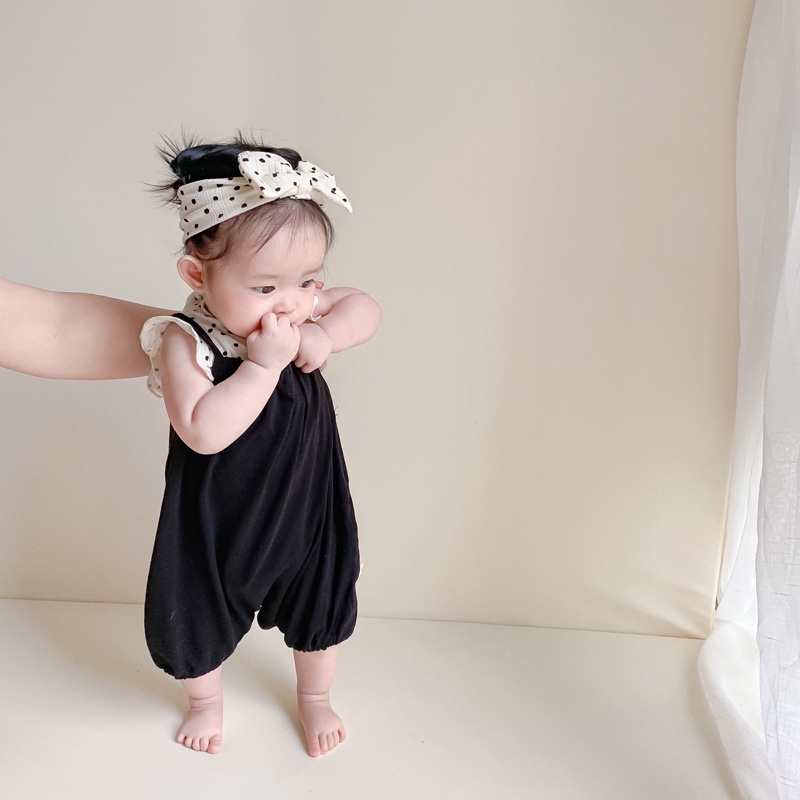 Áo Không Tay Chấm Bi + Băng Đô Nơ Thời Trang Mùa Hè Hàn Quốc Cho Bé Gái