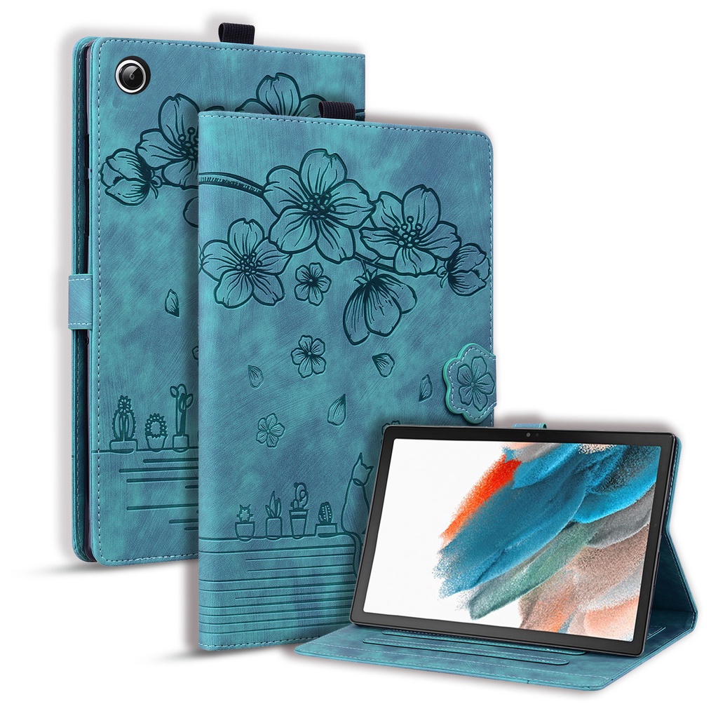 Bao Da PU Máy Tính Bảng Nắp Lật Nam Châm Hình Hoa Anh Đào 3D Samsung Galaxy Tab A8 10.5 X200 X205 Galaxy Tab A 8 10.5 inch SM-X200 SM-X205
