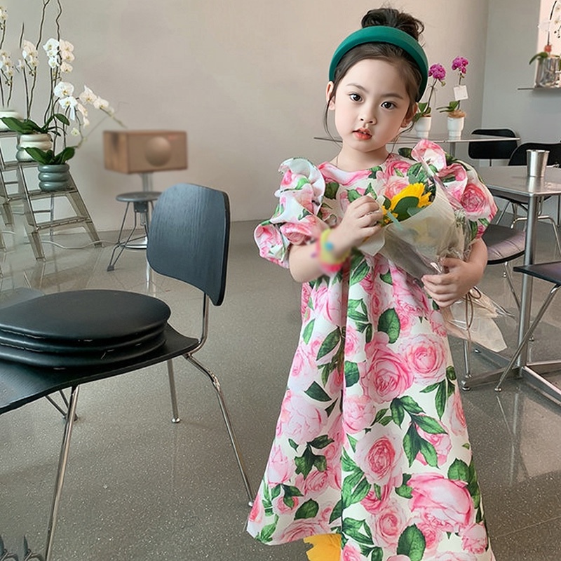 Đầm Hoa Tay Phồng Ngắn Cổ Tròn Phối Bèo Thời Trang Mùa Hè Hàn Quốc Cho Bé Gái