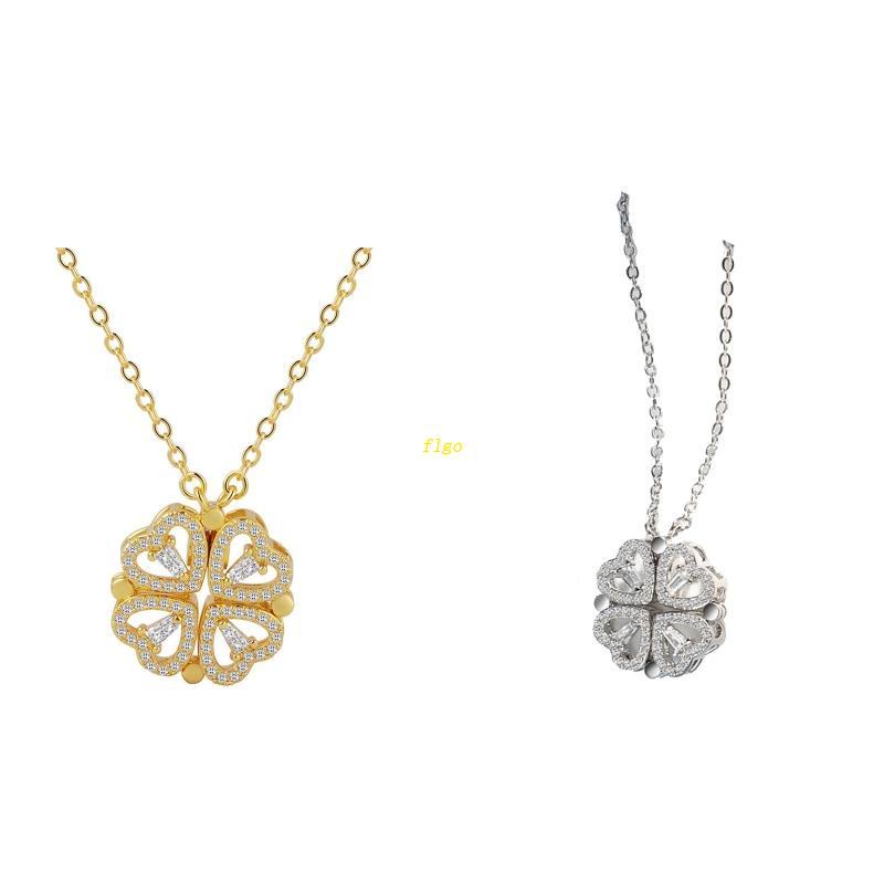 Flgo Vòng cổ Cỏ Bốn Lá Đính Đá Zircon Trái Tim Mở Và Đóng Mở