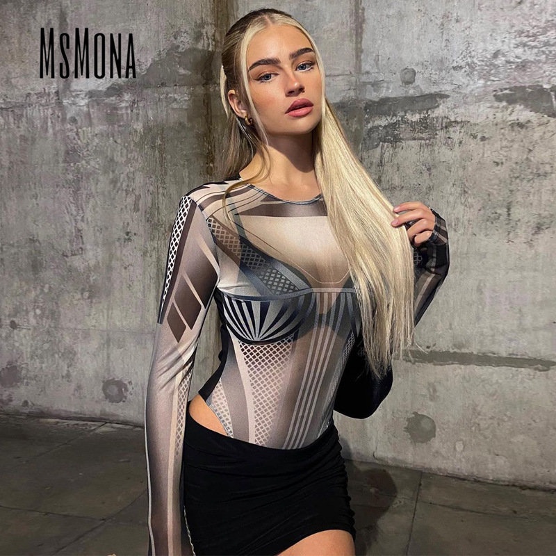 Bộ Áo Liền Quần Cổ Tròn Tay Dài Xuyên Thấu Phối Màu Tương Phản Thời Trang 2023 Cho Nữ