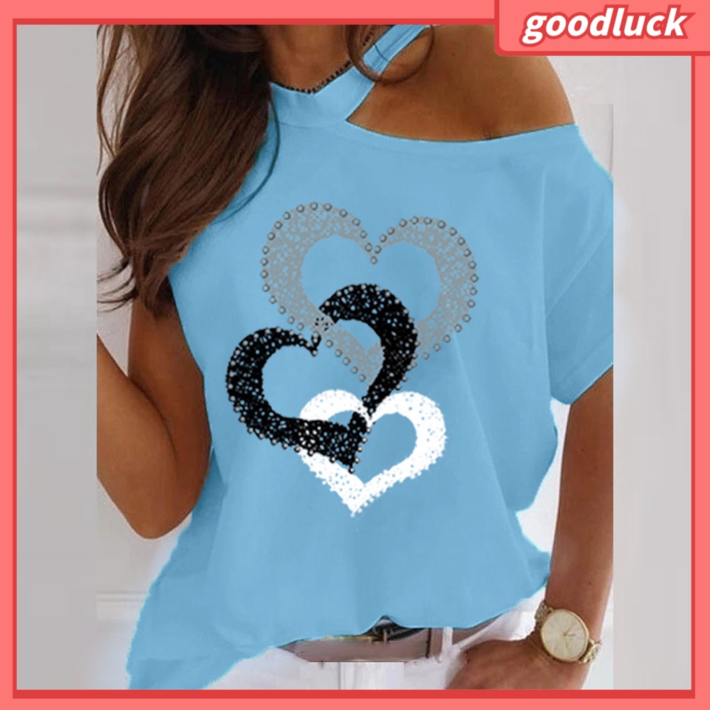 Áo Thun Tay Ngắn Cổ Tròn Khoét Vai In Hình Trái Tim Thời Trang Mùa Hè Cho Nữ