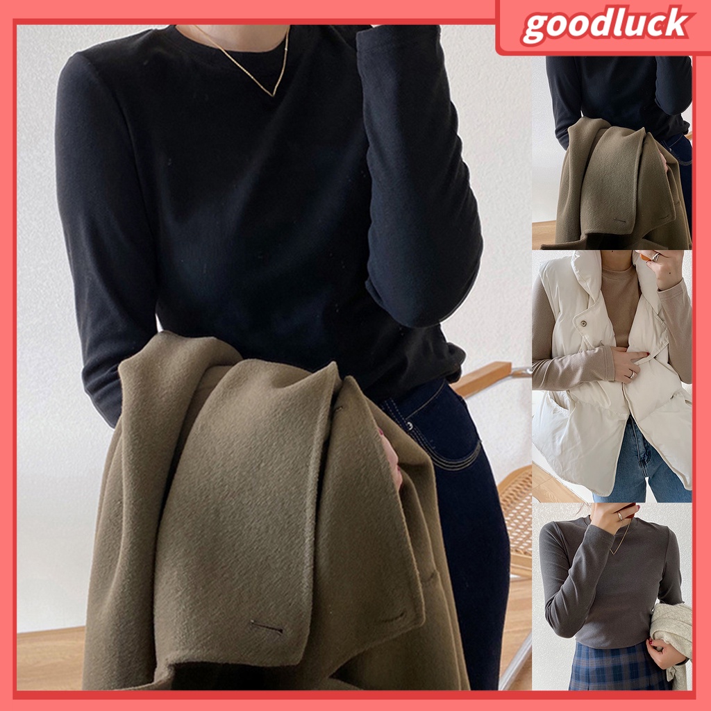Áo Thun Tay Dài Cổ Tròn Màu Sắc Đơn Giản Giữ Ấm Mùa Thu Cho Nữ