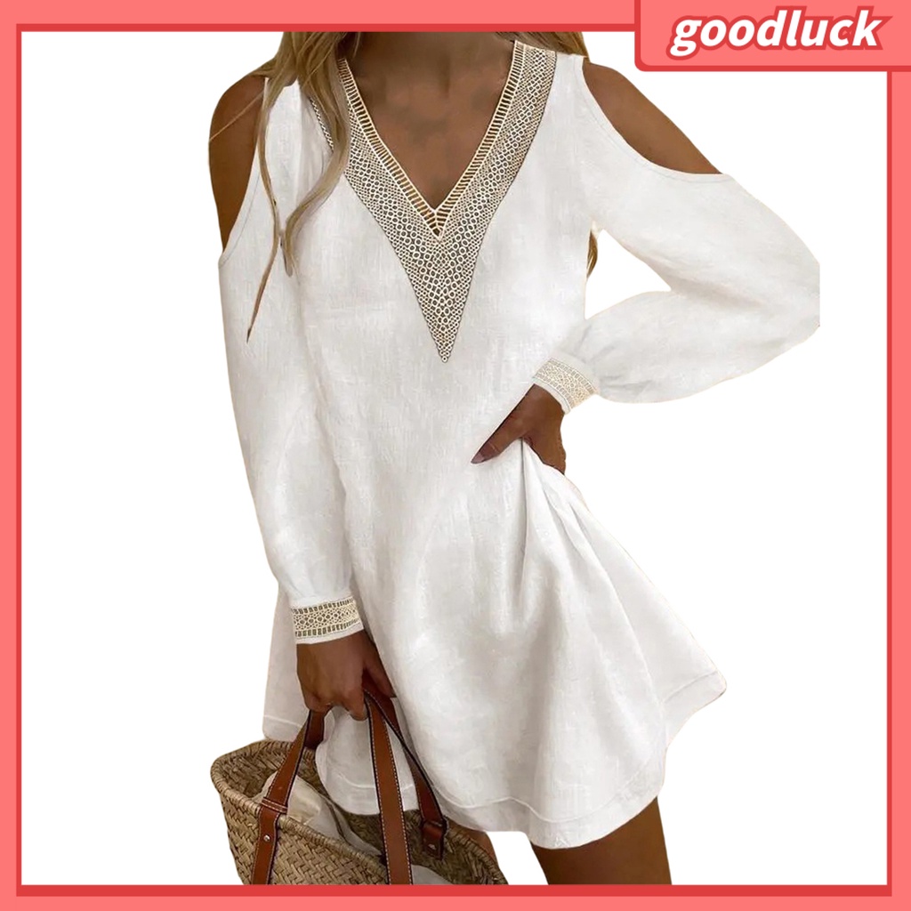 Đầm Mini Tay Dài Màu Trơn Cổ Chữ V Phối Ren Thanh Lịch Cho Nữ