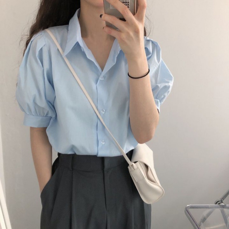 Lynki Chất Lượng Cao Tiện Lợi Dễ Sử Dụng ❀ Áo Sơ Mi Tay Ngắn Cổ Bẻ Màu Trơn Thời Trang Công Sở