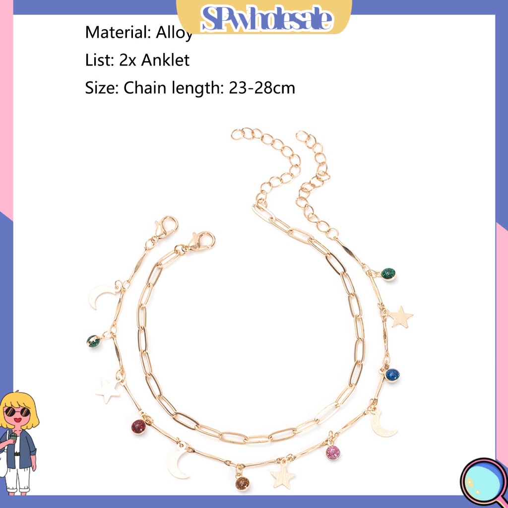 &lt;SPwholesale&gt; Set 2 Lắc Chân Mở Rộng Đính Đá Quý Nhân Tạo Hình Ngôi Sao Mặt Trăng Có Thể Điều Chỉnh Cho Nữ