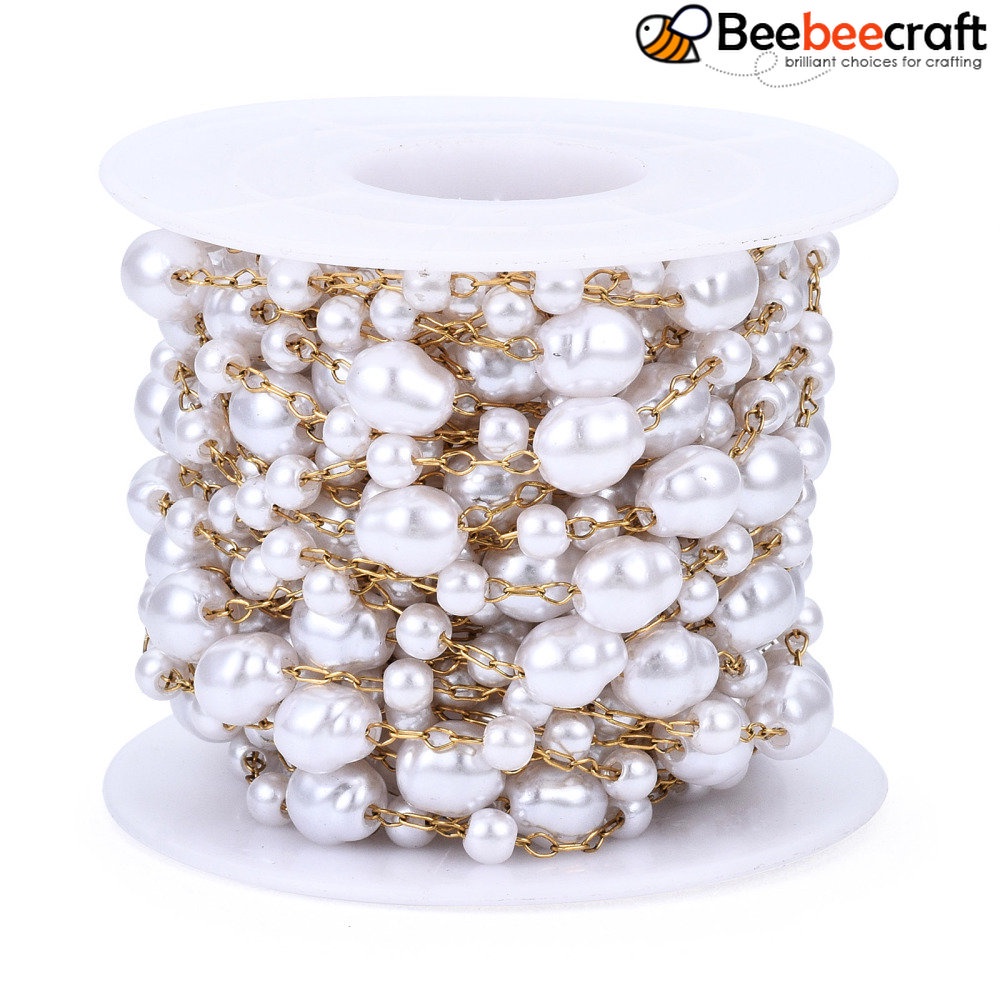 Cuộn 1 Cuộn Dây Chuỗi Hạt Ngọc Trai Bằng Nhựa ABS Màu Vàng 316 Bằng Thép Không Gỉ 7.5x6.5mm Khoảng 16.40 Feet (5m) / Cuộn