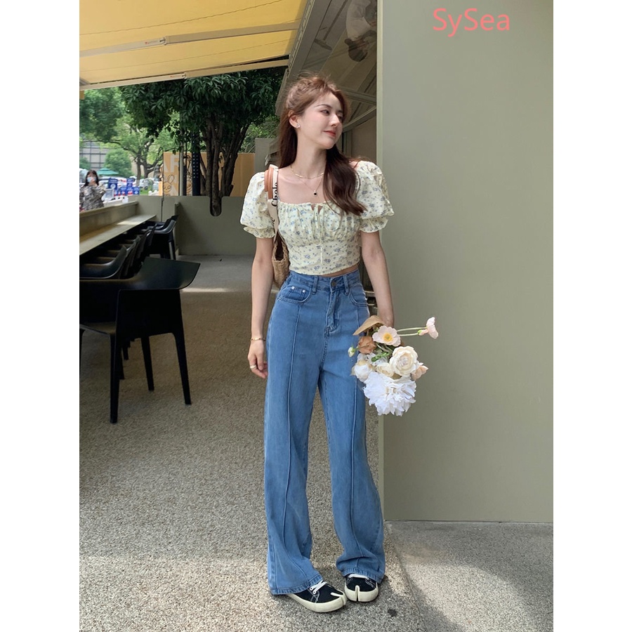 Áo Kiểu Tay Phồng Cổ Vuông Họa Tiết Hoa Phong Cách Pháp