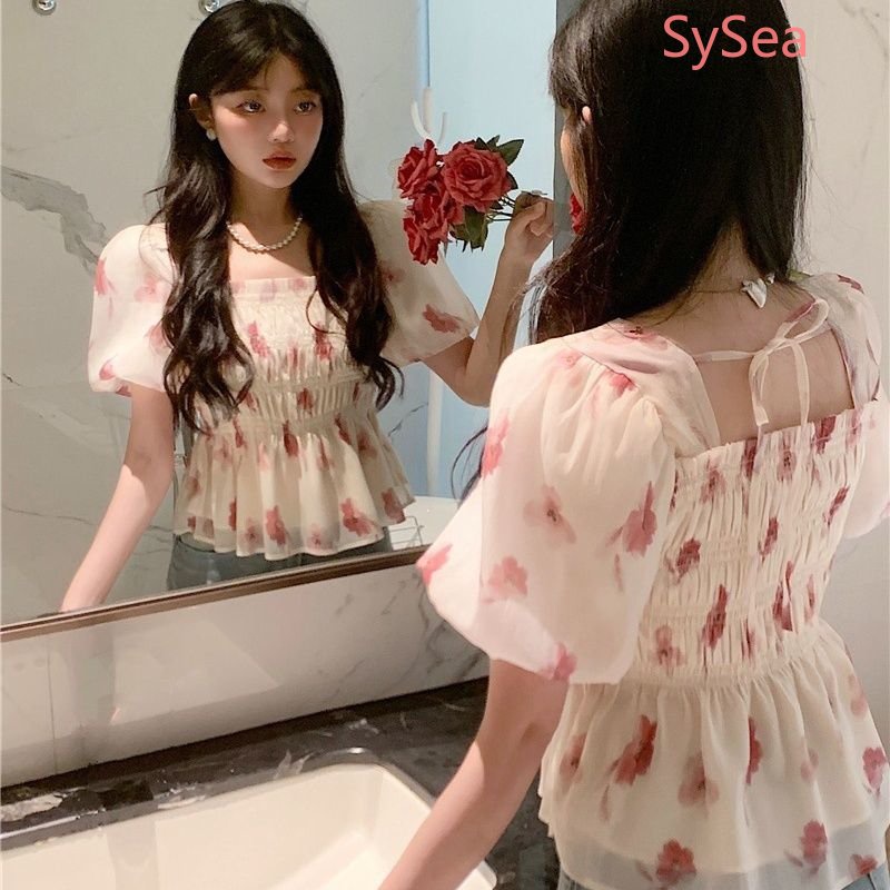 Áo Kiểu Chiffon Cổ Vuông Tay Phồng Họa Tiết Hoa Thời Trang Mùa Hè Quyến Rũ Cho Nữ