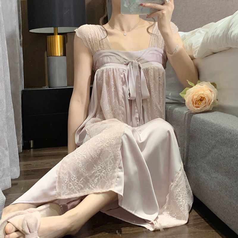 Đầm Ngủ Hai Dây Dáng Dài Bằng Lụa Lạnh Mỏng Phối Ren Phong Cách Công Chúa Quyến Rũ Thời Trang Dành Cho Nữ Size Lớn