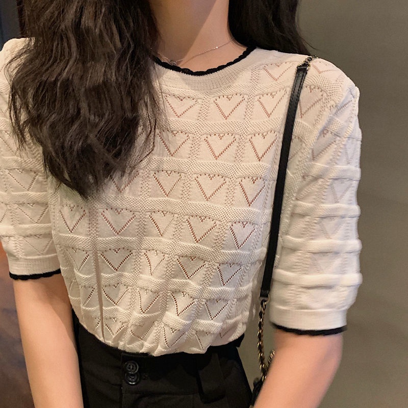 Áo Thun Lụa Ngắn Tay Họa Tiết Trái Tim Xinh Xắn Thời Trang Mùa Hè Cho Nữ