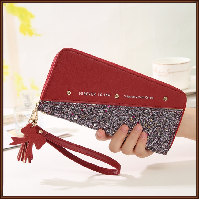 Ví Da Pu Dáng Dài Nhiều Ngăn Đựng Thẻ Phối Khóa Kéo Màu Tương Phản Thời Trang Cho Nữ