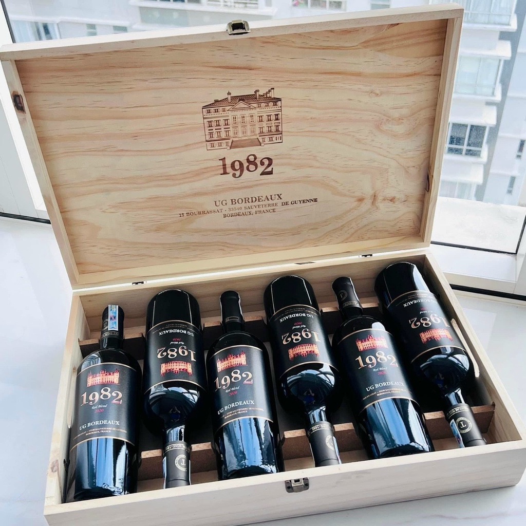 Quà tặng hộp gỗ 6 chai rượu vang Pháp 1982 nhập khẩu chính hãng