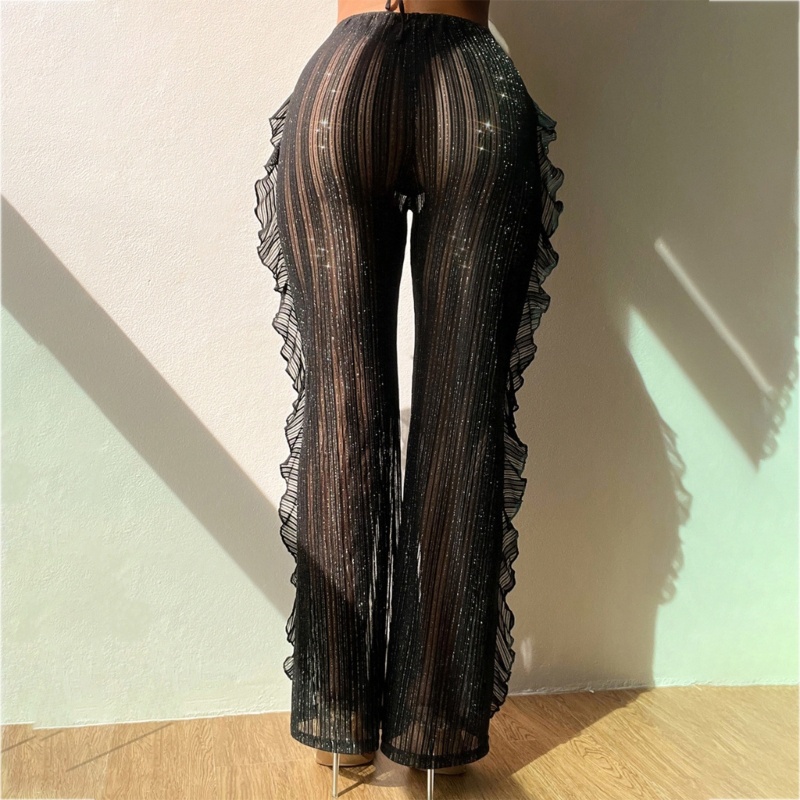 Brroa Quần Dài Lưng Cao Phối Lưới Họa Tiết Kẻ Sọc Lấp Lánh Thời Trang Dự Tiệc / Đi Biển Cho Nữ