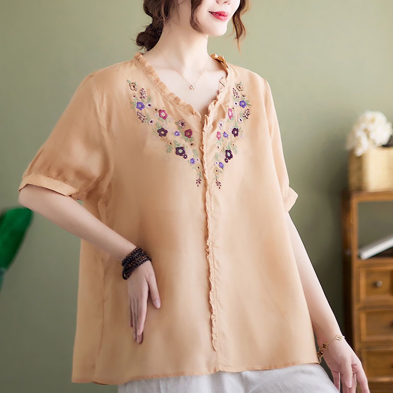 Áo Sơ Mi Vải Lanh cotton Thêu Họa Tiết Phong Cách Trung Hoa Cho Nữ