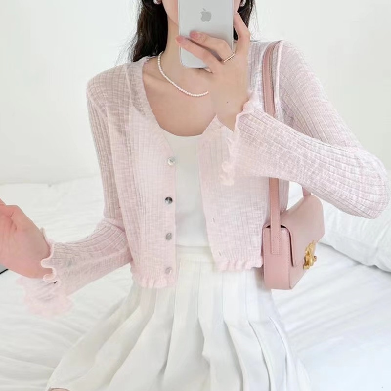 Nzn Áo Khoác cardigan Dệt Kim Mỏng Tay Dài Cổ Chữ V Màu Trơn Chống Nắng Hàn Quốc Cho Nữ