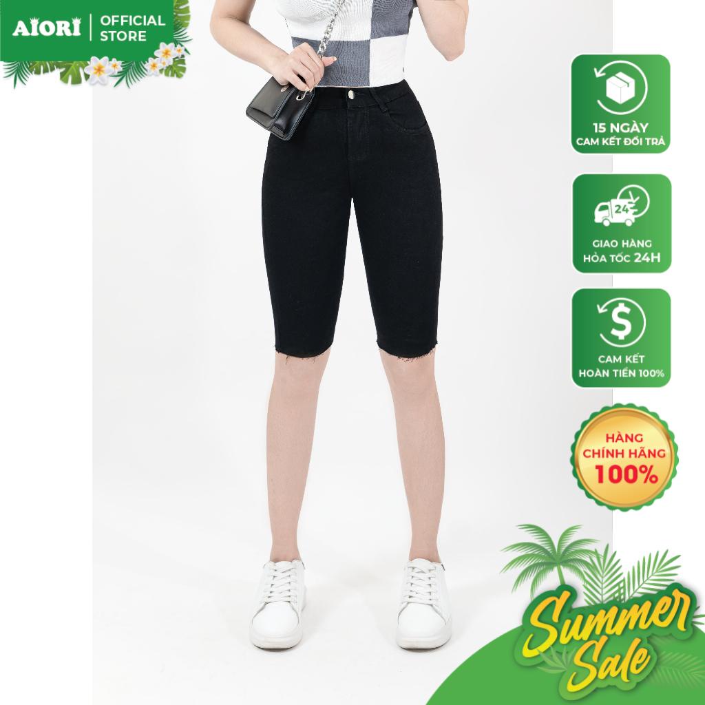 Quần Jean Nữ AIORI Quần Ngố Lưng Cao Màu Đen Co Giãn Thoải Mái D018_D