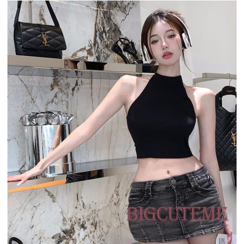 [] - Áo Croptop Không Tay Hở Lưng Màu Trơn Bằng Lụa Lạnh Thời Trang Mùa Hè Đường Phố Đơn Giản Dành Cho Nữ