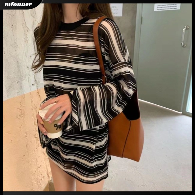 Áo Sweater Dệt Kim Dáng Rộng Cổ Tròn Họa Tiết Kẻ Sọc Thời Trang Cho Nữ