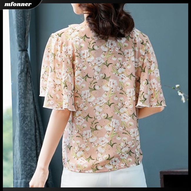 Áo Sơ Mi Chiffon Tay Lửng Dáng Rộng Cổ Chữ V In Hoa Thời Trang Mùa Hè Cho Nữ