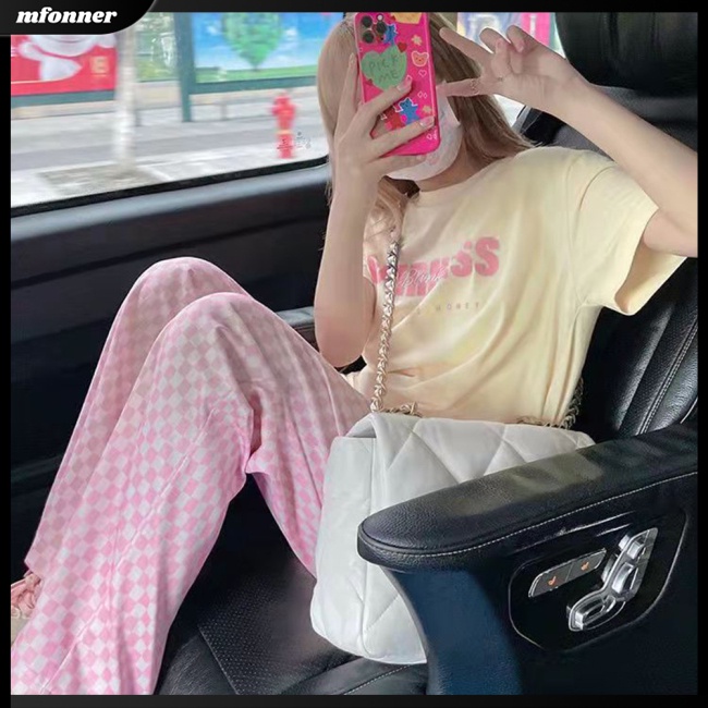 Quần Dài Ống Rộng Lưng Cao Họa Tiết Sọc Caro Thời Trang Cho Nữ