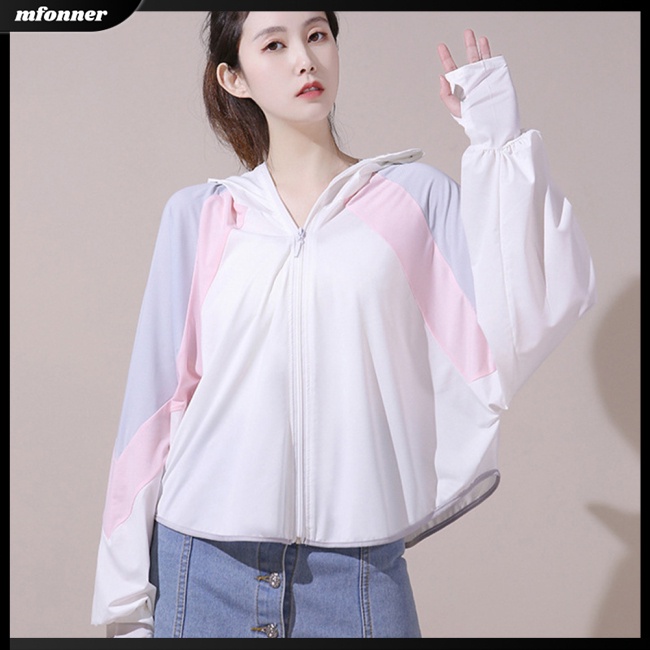 Áo Khoác Chống Nắng Tay Dài Có Mũ Vải Lụa Lạnh Mỏng Màu Sắc Tương Phản Thời Trang Cho Nữ
