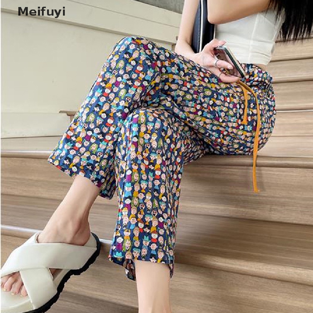 [Meifuyi] Quần Ống Rộng Cắt Xén Mỏng Lưng Cao In Họa Tiết Chống Muỗi Cho Nữ