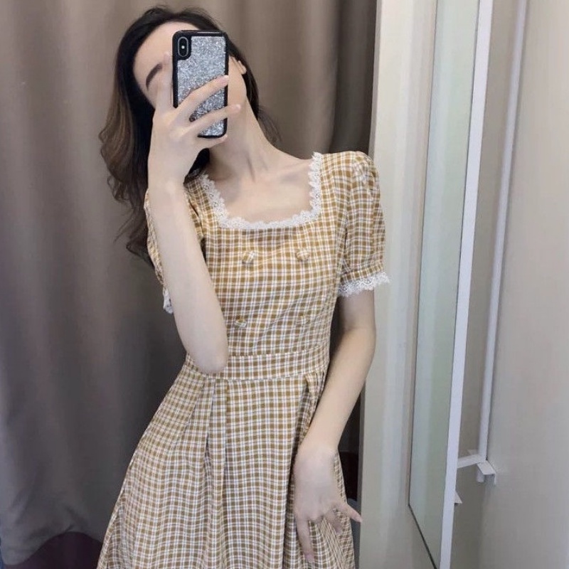 Đầm Midi Cổ Vuông Họa Tiết Sọc Caro Phong Cách Cổ Điển Thời Trang Mùa Hè Xinh Xắn Cho Nữ