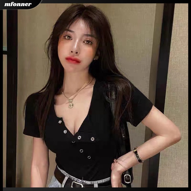 Áo Thun Croptop Tay Ngắn Cổ Chữ V Màu Sắc Đơn Giản Cho Nữ