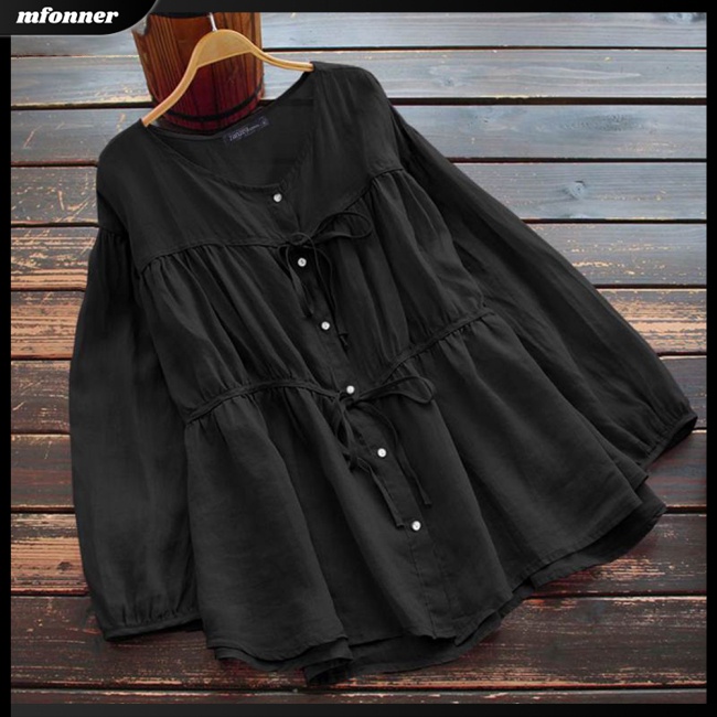 Áo Sơ Mi Tay Dài Cổ Tròn Dáng Rộng Xếp Ly Một Hàng Nút Vải Cotton Lanh Màu Trơn Thời Trang Cho Bạn Gái